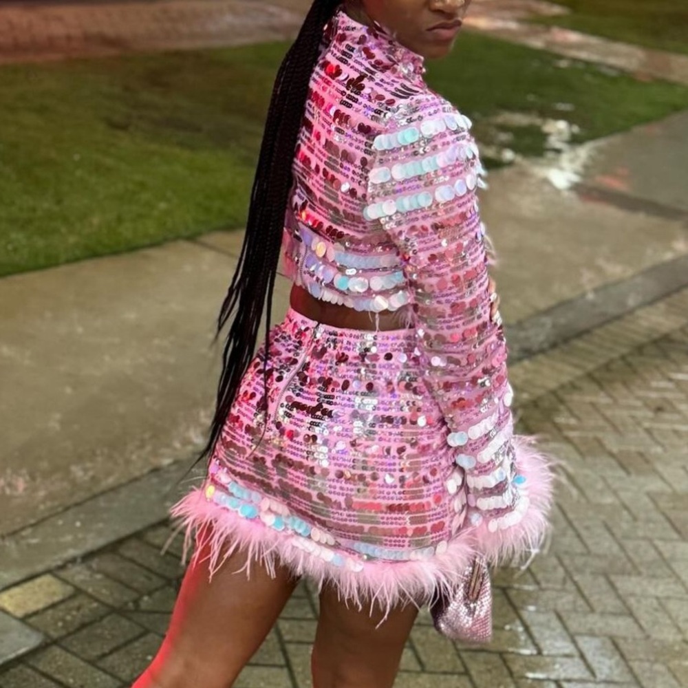 Sequin feather pink set